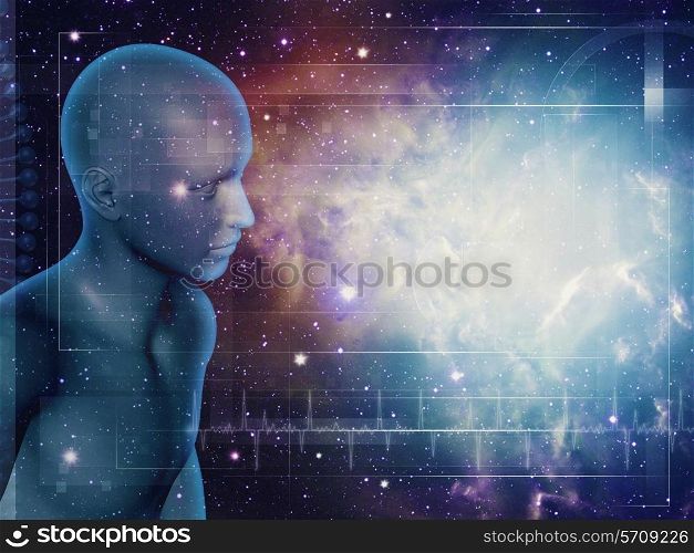 Walking through Universe, abstract science backgrounds with 3D human figure