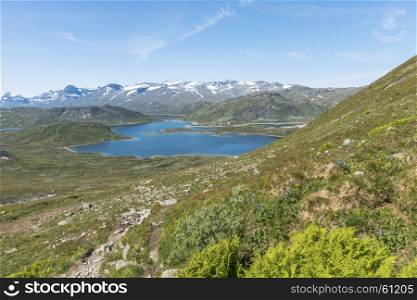 walking track in national park from bitihorn to stavtjedtet with lakes fjord and snow on the mountains