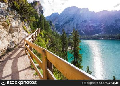 walking trail around the Braies lake, Dolomites Italy