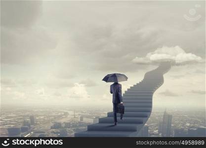 Walking up ladder. Businessman holding umbrella and waking on career ladder