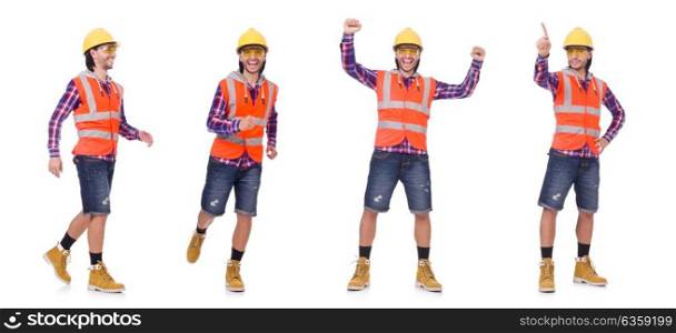 Walking young construction worker isolated on white