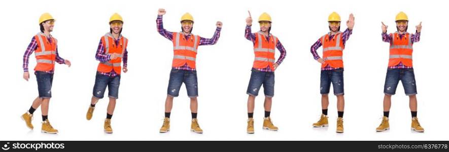 Walking young construction worker isolated on white
