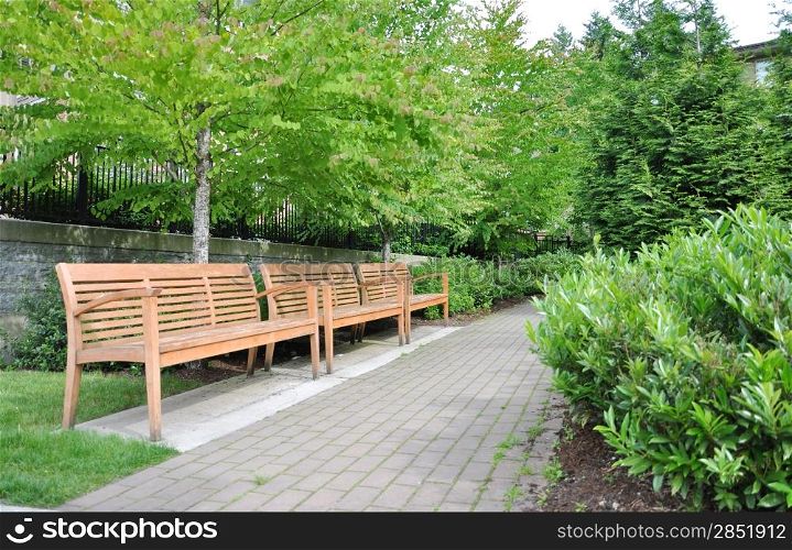 Walkway and wooden chair in the park