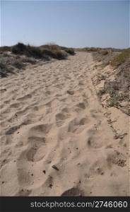 walkway over sand dunes to a beach in Kos island, Greece