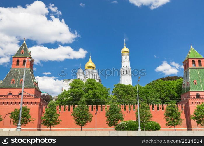 Wall and Cathedrals of Moscow Kremlin in summer day