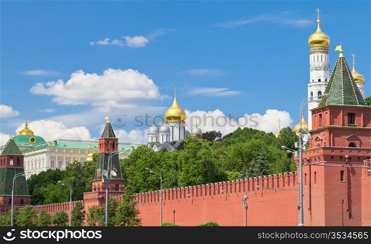 Wall and Cathedrals of Moscow Kremlin in summer day
