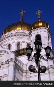 Wall and dome of Russian cathedral in Moscow