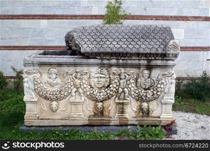 Wall and sarcophagus in Selchuk, Turkey