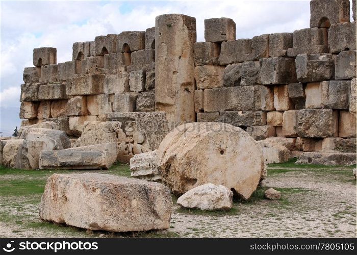 Wall and stounes inside big temple Baalbeck, Lebanon