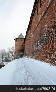 Wall and tower of Nizhny Novgorod Kremlin in winter time. Russia