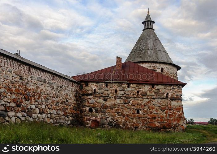 Wall and towers of boulders of the Solovetsky monastery on Solovki (Solovetsky archipelago), summer time. UNESCO World Heritage Site.