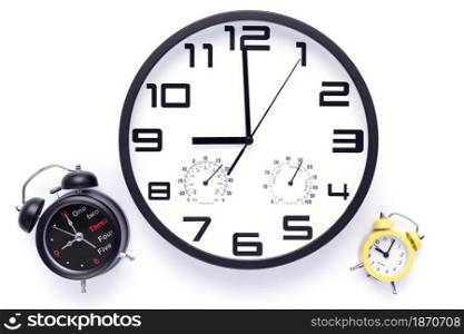 Wall clock isolated on white background. Office alarm clock front view