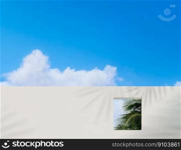 Wall concrete texture with open window and coconut palm leaves against blue sky and clouds,Exterior White paint cement building, Modern architecture with square frame in Spring or Summer sky