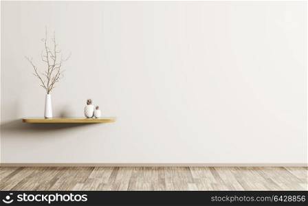 Wall decoration, living room with wooden shelf and branch in vase, interior background 3d rendering