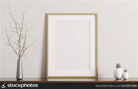 Wall decoration, white frame and vase on the shelf, interior background 3d rendering