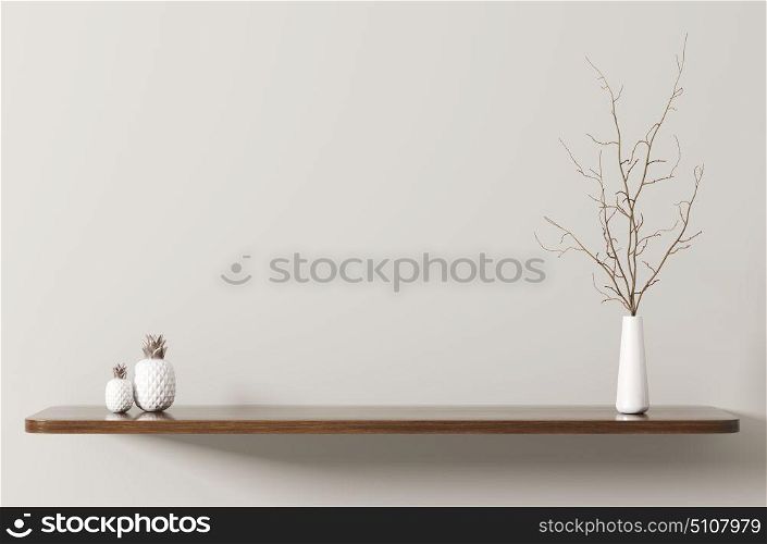 Wall decoration, wooden shelf with branch in vase, interior background 3d rendering
