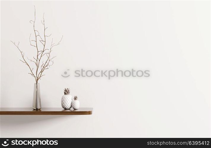 Wall decoration, wooden shelf with branchin vase, interior background 3d rendering