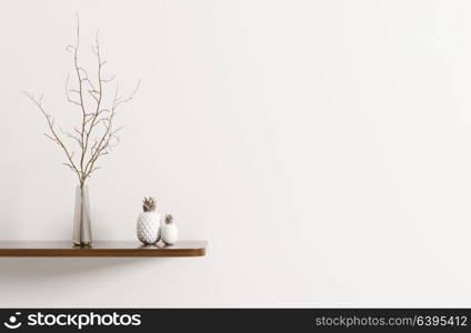 Wall decoration, wooden shelf with branchin vase, interior background 3d rendering