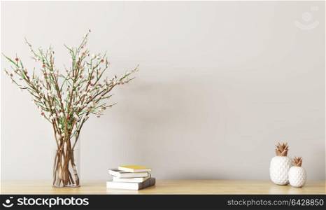 Wall decoration, wooden shelf with flower branches in vase, spring interior background 3d rendering