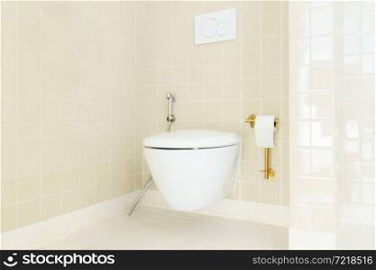 Wall-mounted toilet in the toilet room with ceramic tiles design