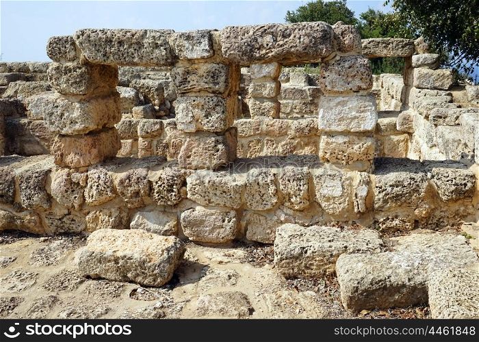 Wall of ancient farm Hirbat Akav in Israel