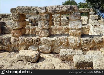 Wall of ancient farm Hirbat Akav in Israel