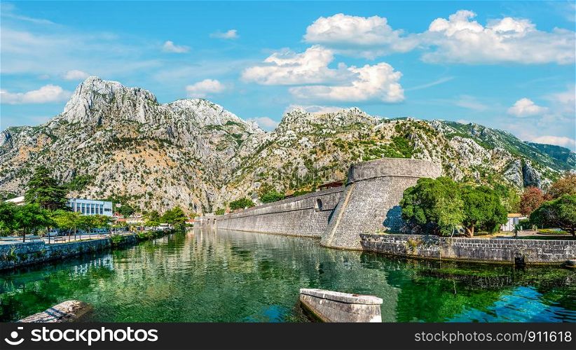Wall of ancient fortress in Old Town of Kotor, Montenegro. Wall of ancient fortress