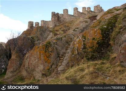 Wall of big castle on the hill in Afyon, Turkey