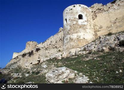 Wall of castle on he top of hill in Silifke, Turkey