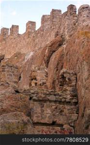 Wall of castle on the hill in Afyonkarahisar, Turkey