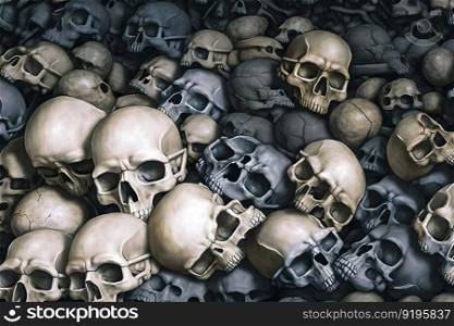 Wall of human bones and skulls in a catacomb. Neural network AI generated art. Wall of human bones and skulls in a catacomb. Neural network AI generated