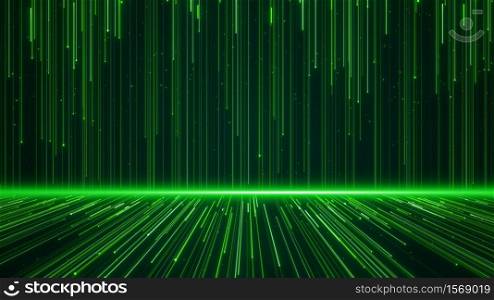 Wall of lines structure geometric shapes and particles green color. Creative design element abstract background.