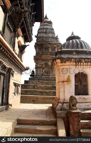 Wall of palace and temples on Durbar square in Bhaktapur, Nepal