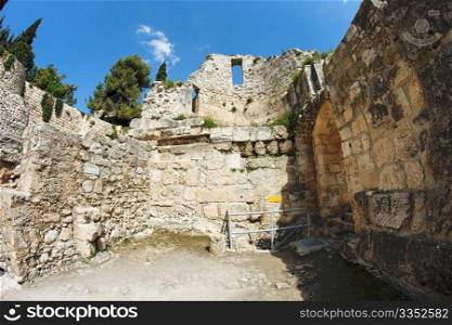 Wall of the ruins of Byzantine church near St. Anne Church and pool of Bethesda in Jerusalem