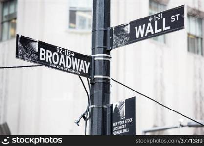 Wall street and broadway sign in New York