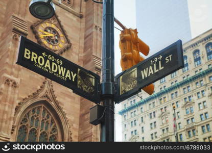Wall street and Broadway signs in New York City, USA