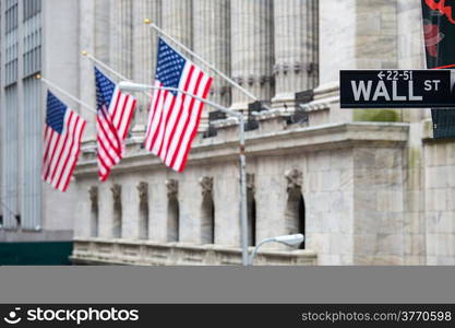 Wall street sign in New York with New York Stock Exchange background