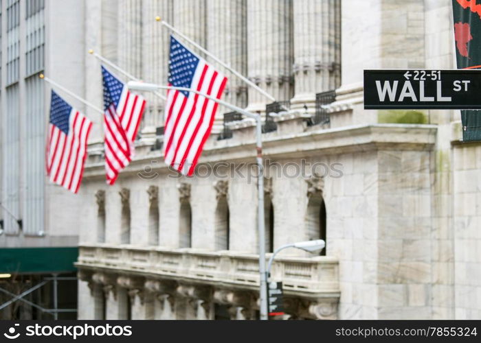 Wall street sign in New York with New York Stock Exchange background