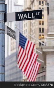 Wall street sign with New York Stock Exchange background New York City, New York, USA.