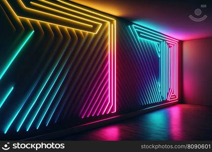 Wall with colorful neon led light futuristic shapes on dark background. Abstract background with glow. AI. Wall with neon led light shapes. Abstract dark glow background. AI