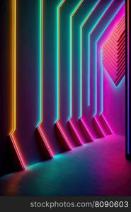 Wall with colorful neon led light futuristic shapes on dark background. Abstract background with glow. AI. Wall with neon led light shapes. Abstract dark glow background. AI