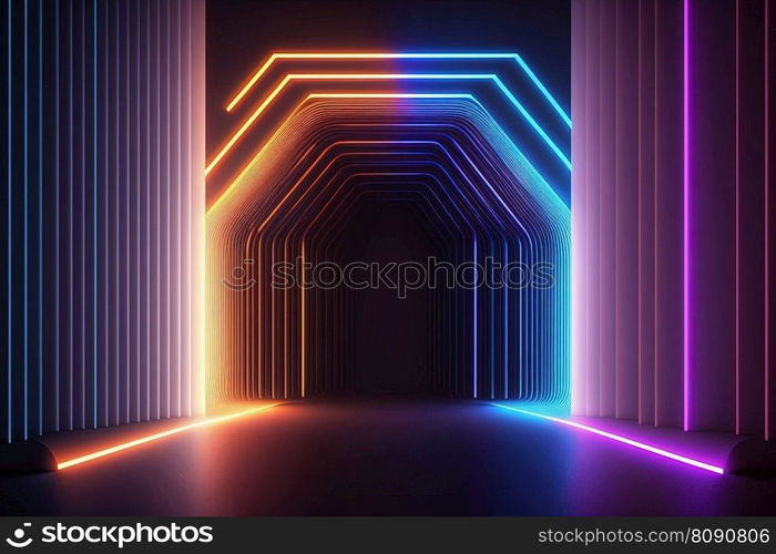 Wall with colorful neon led light futuristic shapes on dark background. Abstract background with glow. 3D. Wall with neon led light shapes. Abstract dark glow background. 3D