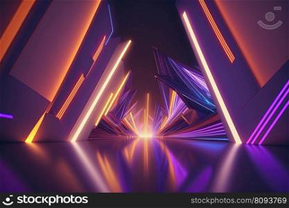 Wall with colorful neon led light futuristic shapes on dark background. Abstract background with glow. AI. Wall with neon led light shapes. Abstract dark glow background. AI