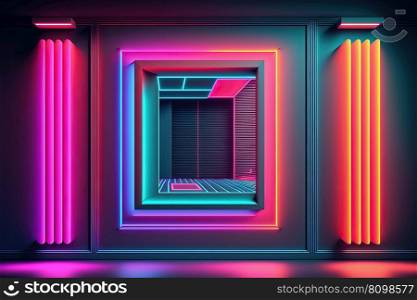 Wall with colorful neon led light futuristic shapes on dark background. Abstract background with glow. AI. Wall with neon led light shapes. Abstract dark glow background. AI