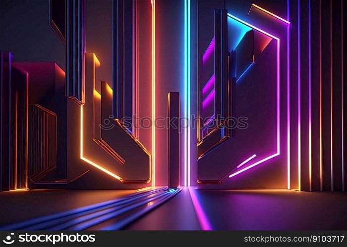 Wall with colorful neon led light futuristic shapes on dark background. Abstract background with glow. 3D. Wall with neon led light shapes. Abstract dark glow background. 3D