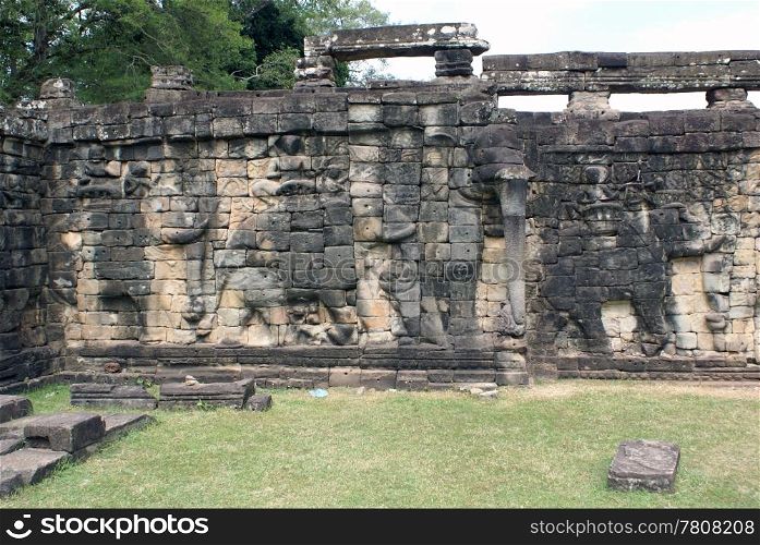Wall with elephants, Angkor, Cambodia