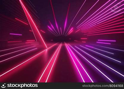 Wall with red and pink neon led light futuristic shapes on dark background. Abstract background with glow. 3D. Wall with red and pink neon led light shapes. Abstract dark glow background. 3D