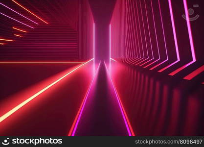 Wall with red and pink neon led light futuristic shapes on dark background. Abstract background with glow. 3D. Wall with red and pink neon led light shapes. Abstract dark glow background. 3D