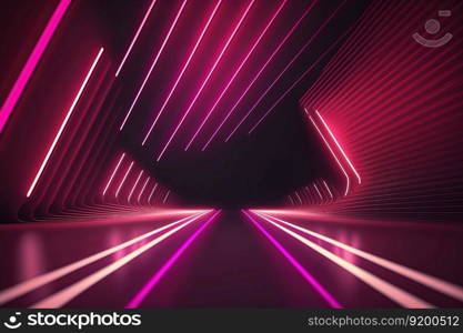 Wall with red and pink neon led light futuristic shapes on dark background. Abstract background with glow. 3D. Wall with red and pink neon led light shapes. Abstract dark glow background. 3D