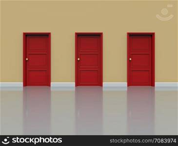 Wall with three red doors, 3d rendering